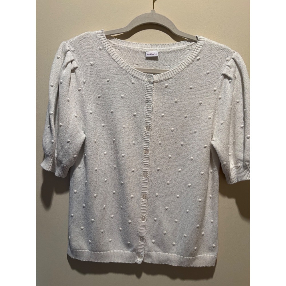 Lascana White Short Sleeve Pom Pom Textured Button Front Cardigan Sweater 8/10